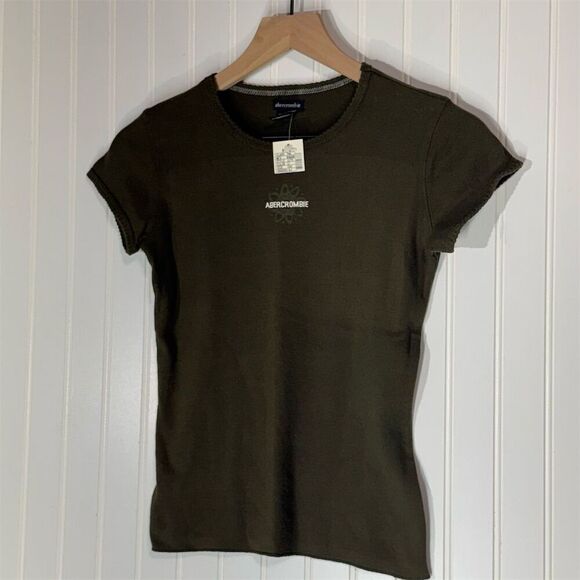 Vintage Abercrombie Olive Green Baby Tee XL Y2K Grunge Ribbed Crop Top NWT - Picture 2 of 9